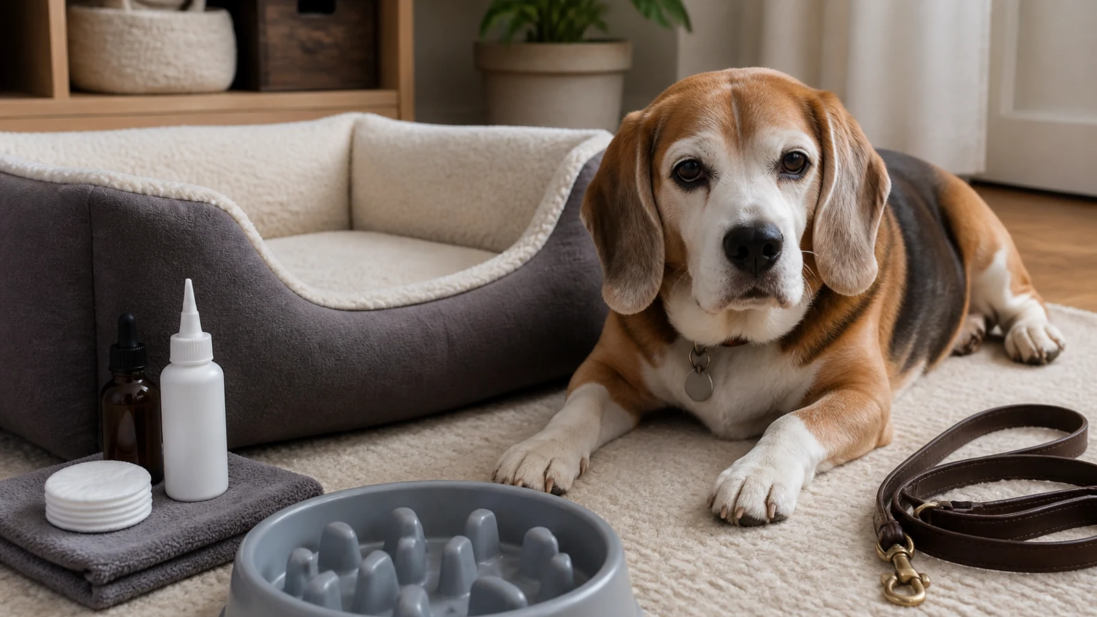 Senior Beagle with comfort and care products at home