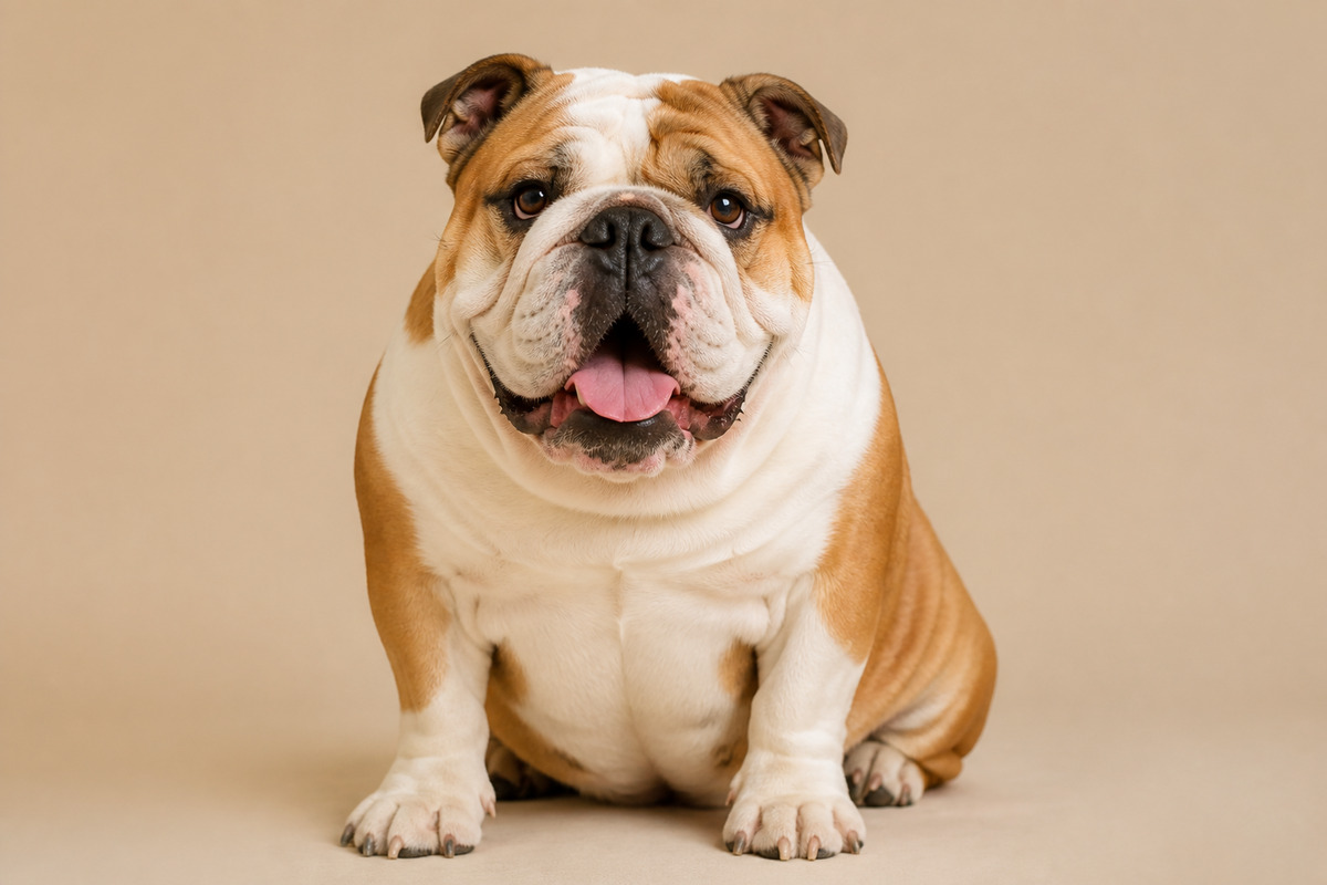 English Bulldog sitting with a friendly expression, showcasing the breed's distinctive wrinkled face and muscular build