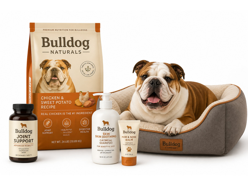 Recommended Bulldog care products including joint supplements, specialty dog food, skin care products, and orthopedic dog bed